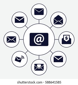 Set of 9 envelope filled icons such as mail, love letter, envelope, email