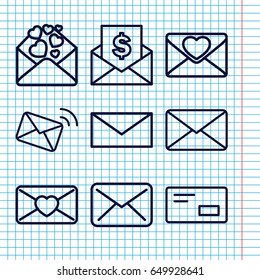 Set of 9 envelope outline icons such as mail, love letter, envelop