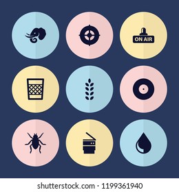 Set of 9 environment filled icons such as beetle, elephant, open air, trash bin, drop, target
