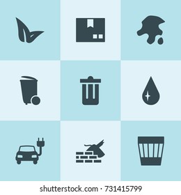 Set of 9 environment filled icons such as electric car, drop, leaf, trash bin, package, garbage