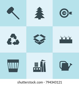 Set of 9 environment filled icons such as sprouting, watering can, spruce, recycle, trash bin, factory, rubber hummer, target