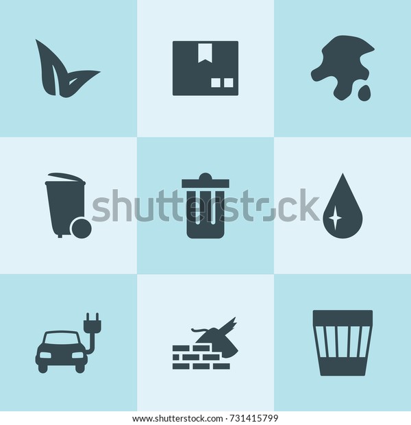 Set of 9 environment filled\
icons such as electric car, drop, leaf, trash bin, package,\
garbage