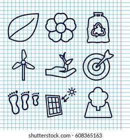 Set of 9 environment outline icons such as leaf, trash bag, flower, tree, solar panel, target, plant on hand, mill
