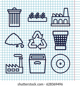 Set of 9 environment outline icons such as trash bin, sprout plants, ground heap, box, factory, recycle