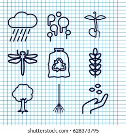 Set of 9 environment outline icons such as dragonfly, hand with seeds, trash bag, rake, rain, tree, sprout, blood