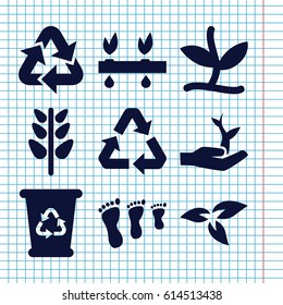 Set of 9 environmental filled icons such as plant, recycle bin, recycle, plant on hand