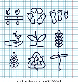 Set of 9 environmental outline icons such as plant, recycle, plant on hand