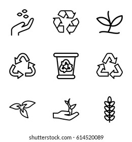 Set of 9 environmental outline icons such as plant, hand with seeds, recycle bin, recycle
