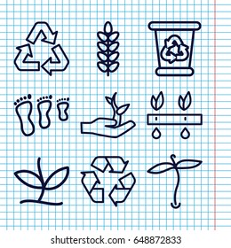 Set of 9 environmental outline icons such as plant, recycle bin, recycle, plant on hand
