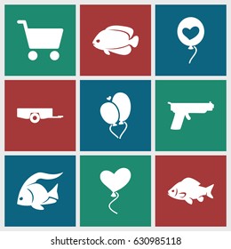 set of 9 eps10 filled icons such as barrow, fish, heart baloons, shopping cart