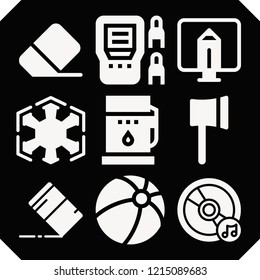 Set of 9 equipment filled icons such as ax, compact disc, eraser, fuel, sith, monitor, voltmeter