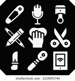 Set of 9 equipment filled icons such as pencil, gloves, piston, knife, tablet, safety pin, scissors, wrench