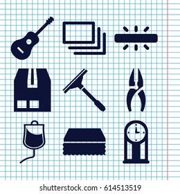 Set of 9 equipment filled icons such as window squeegee, sponge, nippers, cargo container, drop counter, guitar, burst, camera