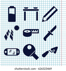 Set of 9 equipment filled icons such as pencil, trowel, table tennis, portable game console, battery, knife, solar panel, table with plates and pan