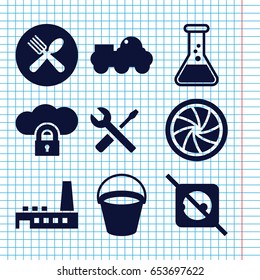 Set of 9 equipment filled icons such as bucket, wrench and screwdriver, spoon and fork, camera shutter, factory, robot, no plug, test tube