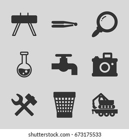  set of 9 equipment filled icons such as hair straightener, tap, trash bin, cargo crane, search, test tube, wrench, camera