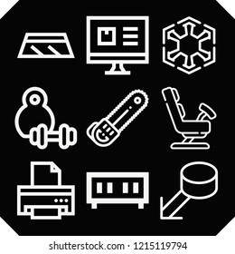 Set of 9 equipment outline icons such as chainsaw, computer, windshield, sith, puck, gynecology, dumbell, printer