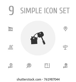 Set Of 9 Estate Icons Set.Collection Of Pin, House Keys, Lock And Other Elements.