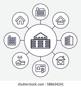 Set of 9 estate outline icons such as building, home with heart, home, bill of house sell