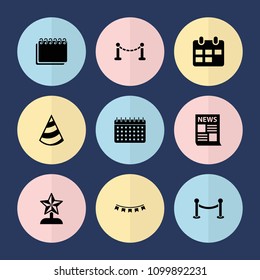 Set of 9 event filled icons such as fence, star trophy, calendar, news, party hat