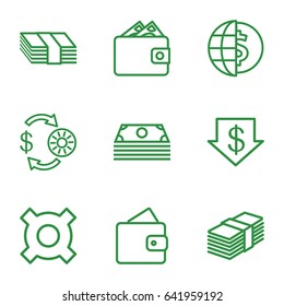  set of 9 exchange outline icons such as wallet, casino chip and money, dollar down, money, globe dollar