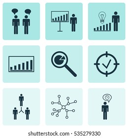 Set Of 9 Executive Icons. Includes Conversation, Project Appearance, Time Control And Other Symbols. Beautiful Design Elements.