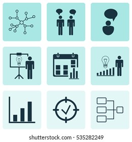 Set Of 9 Executive Icons. Includes Decision Making, Idea Discussion, Conversation And Other Symbols. Beautiful Design Elements.