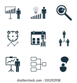 Set Of 9 Executive Icons. Includes Network Relation, Project Presentation, Team Organization And Other Symbols. Beautiful Design Elements.