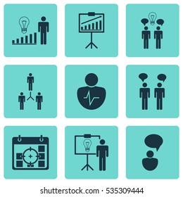 Set Of 9 Executive Icons. Includes Statistic Demonstration, Project Success, Personal Character And Other Symbols. Beautiful Design Elements.