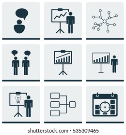 Set Of 9 Executive Icons. Includes Opinion Analysis, Project Success, Idea Demonstration And Other Symbols. Beautiful Design Elements.