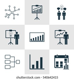 Set Of 9 Executive Icons. Includes System Structure, Co-Working, Company Statistics And Other Symbols. Beautiful Design Elements.