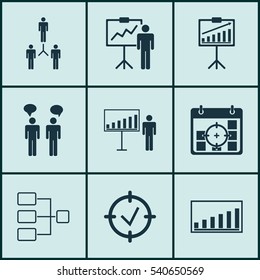 Set Of 9 Executive Icons. Includes Team Meeting, Project Presentation, Special Demonstration And Other Symbols. Beautiful Design Elements.