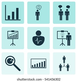 Set Of 9 Executive Icons. Includes Bar Chart, Solution Demonstration, Planning And Other Symbols. Beautiful Design Elements.
