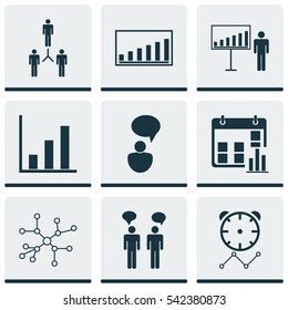 Set Of 9 Executive Icons. Includes Conversation, Opinion Analysis, Project Presentation And Other Symbols. Beautiful Design Elements.