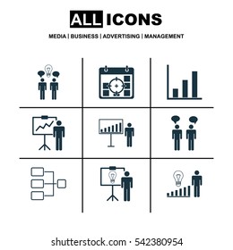 Set Of 9 Executive Icons. Includes Decision Making, Solution Demonstration, Team Meeting And Other Symbols. Beautiful Design Elements.
