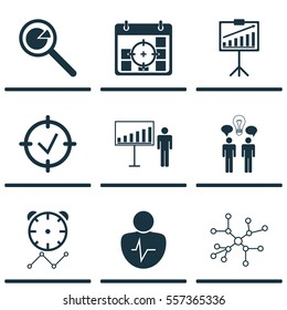 Set Of 9 Executive Icons. Includes Project Targets, Personal Character, Co-Working And Other Symbols. Beautiful Design Elements.