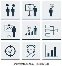 Set Of 9 Executive Icons. Includes Solution Demonstration, Reminder, Planning And Other Symbols. Beautiful Design Elements.