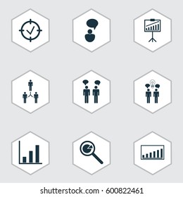 Set Of 9 Executive Icons. Includes Company Statistics, Approved Target, Report Demonstration And Other Symbols. Beautiful Design Elements.