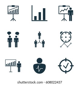 Set Of 9 Executive Icons. Includes Special Demonstration, Project Presentation, Report Demonstration And Other Symbols. Beautiful Design Elements.