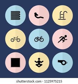 Set of 9 exercise filled icons such as towels, abdoninal workout, bicycle, yoga, whistle, carpet, swimming ladder