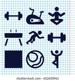 Set of 9 exercise filled icons such as carpet, barbell, gymnastic apparatus, exercise bike, running, volleyball, man doing exercises