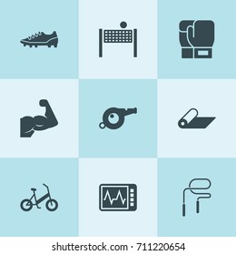 Set of 9 exercise filled icons such as heart beat monitor, mat, whistle, volleyball, bicycle, boxing glove, sneakers, skipping rope