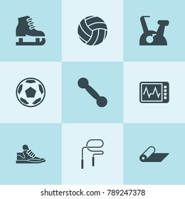 Set of 9 exercise filled icons such as football, heart beat monitor, ice skating, sneakers, dumbbell, exercise bike, volleyball, skipping rope