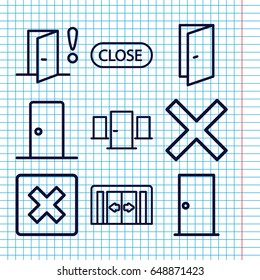 Set of 9 exit outline icons such as sliding doors, door, close, door warning