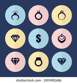 Set of 9 expensive filled icons such as ring, diamond, dollar, gem
