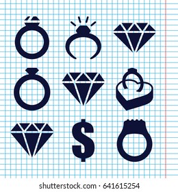 Set of 9 expensive filled icons such as ring, diamond, dollar, ring in box