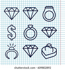 Set of 9 expensive outline icons such as ring, diamond, Diamond, dollar, ring in box