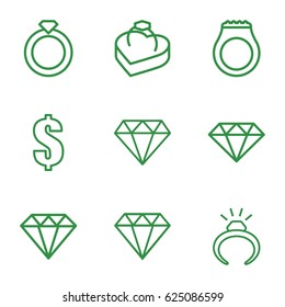 set of 9 expensive outline icons such as ring, diamond, Diamond, dollar, ring in box