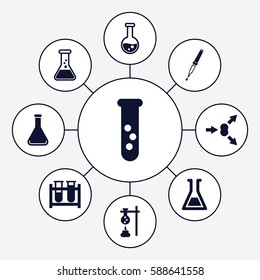 Set of 9 experiment filled icons such as test tube, pipette