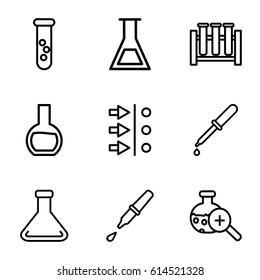 Set of 9 experiment outline icons such as pipette, test tube search, test tube